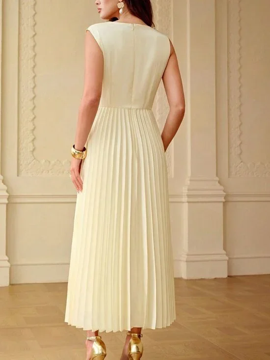 Apricot Elegant Women's Waist Cinching Ruched Pearl Chain Decor Maxi Dress - Picture 2 of 6